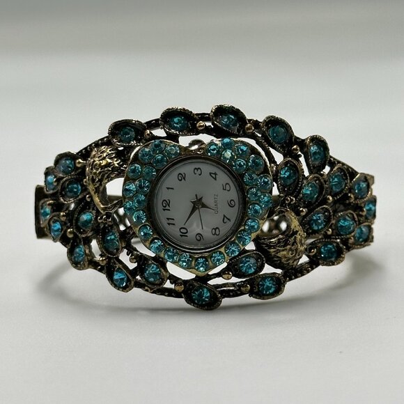 Rhinestone Watch Women Gold Tone Blue Peacock Cuff Band Not Working AS IS - Picture 1 of 14